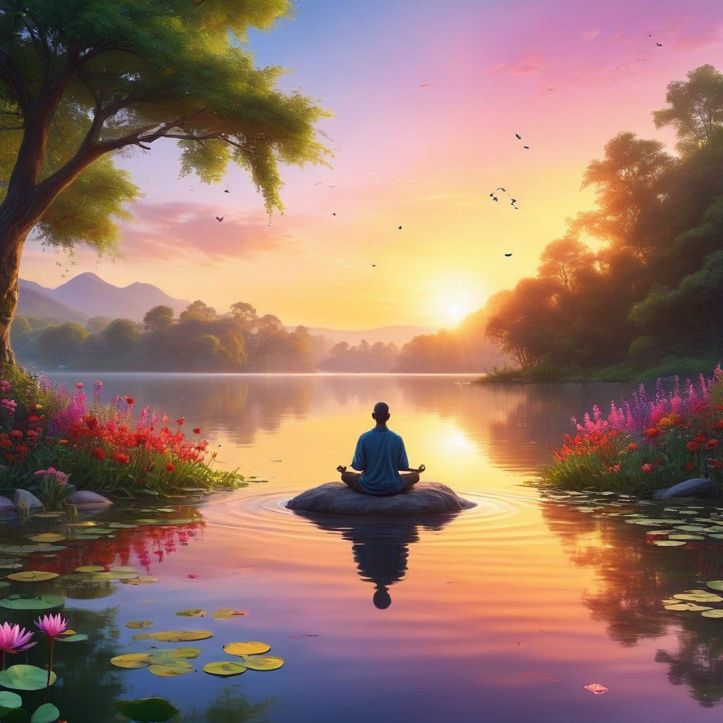 A serene landscape depicting a sunrise over a tranquil lake, with a person meditating on the shore surrounded by lush greenery and vibrant flowers. Soft, warm colors create a calming atmosphere, while birds gracefully fly in the background. Mindful symbols like a lotus and heart are subtly included in the scene, symbolizing joy and upliftment. The overall mood is peaceful and inspiring. super-realistic. vibrant colors.