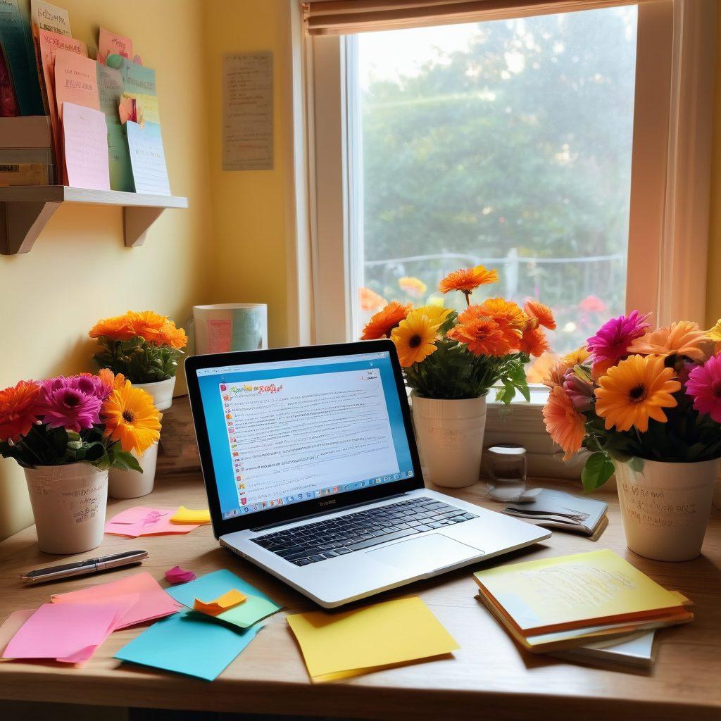 An inviting workspace filled with vibrant flowers, uplifting quotes on colorful sticky notes, and a cozy reading nook. A glowing laptop with an open blog page on cheerful topics surrounded by cheerful decor. Soft, warm light streaming in from a window, creating a sense of positivity and creativity. super-realistic. vibrant colors. cozy atmosphere.