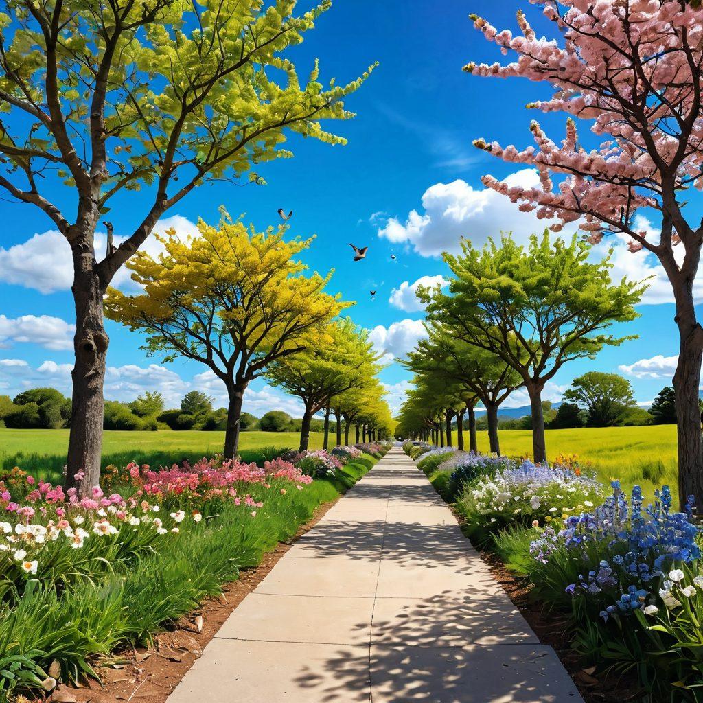 A serene landscape featuring a sunlit path lined with blossoming flowers, guiding a diverse group of happy bloggers sharing ideas and laughter while journaling. In the background, a bright blue sky with fluffy clouds symbolizes positive energy and growth. Elements of nature like trees and birds add to the peaceful ambiance, embodying personal growth and positivity. pastel colors. vibrant illustrations. whimsical style.